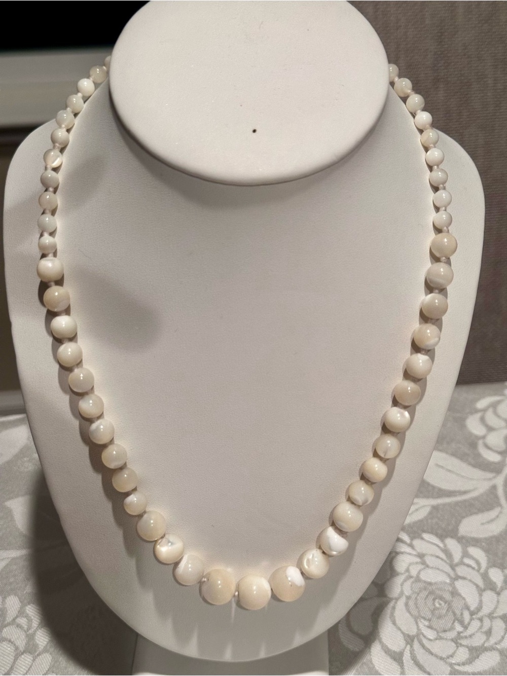 Vintage Hand Knotted Mother of Pearl Beaded Necklace Ornate Clasp